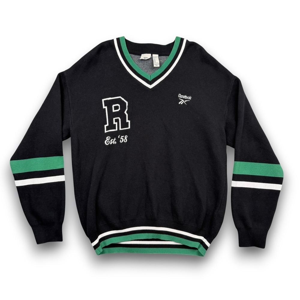 Reebok V-Neck Sweater Mens M Black Varsity‎ Collegiate Striped Knit Vintage